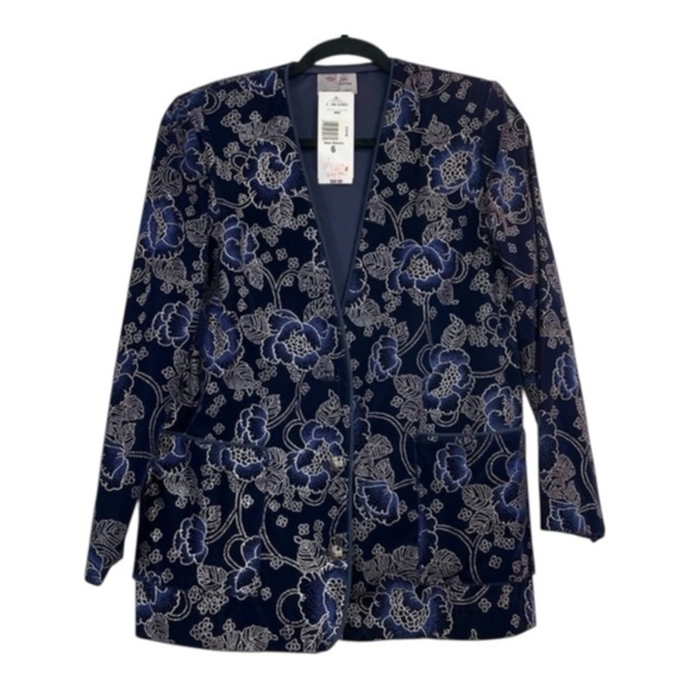 Vintage Glam TanJay Petites Sz 6 Burnout Blue Velvet Blazer Holiday Party Dressy